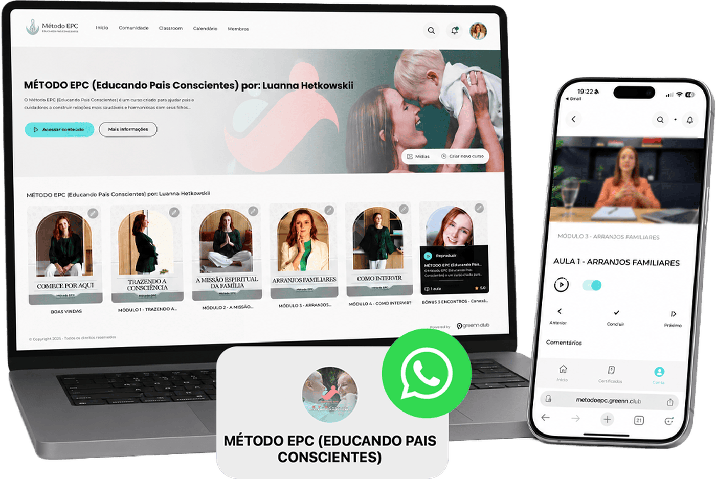 Área de membros do Método EPC aberta em notebook e celular